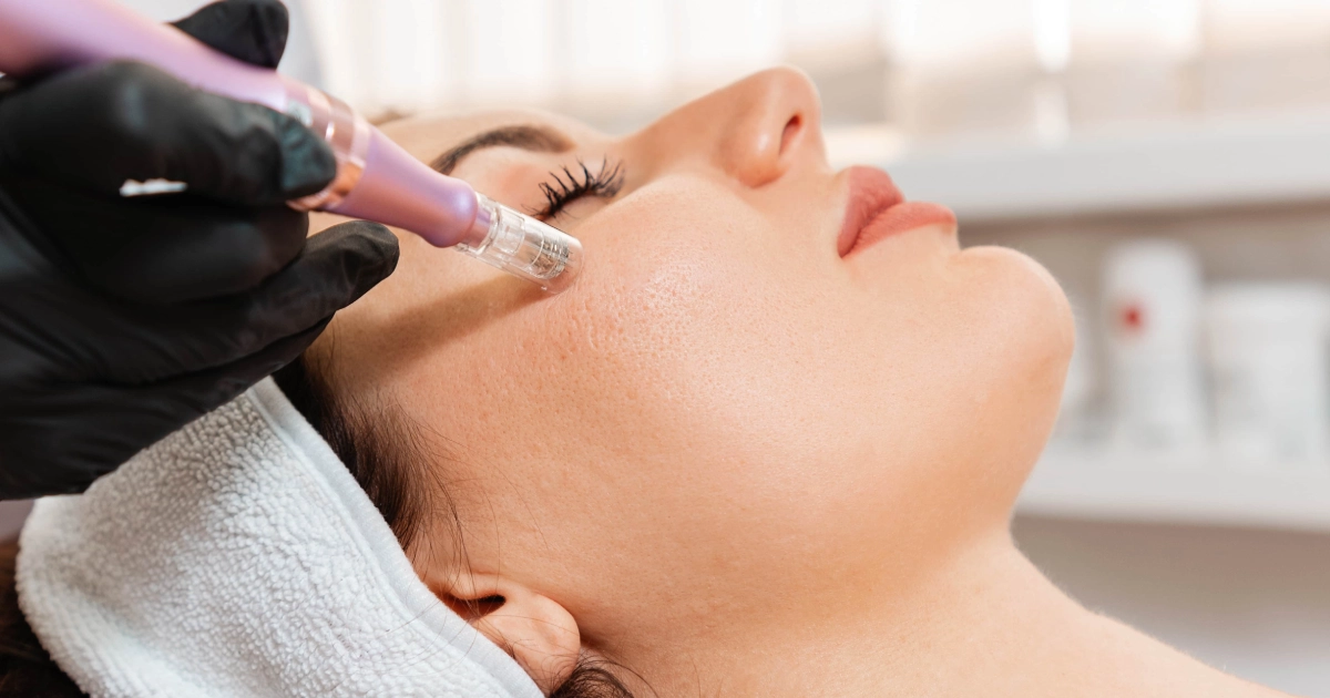Woman receiving microneedling treatment in Lehi, UT, performed by a cosmetologist in protective gloves on her cheekbone for professional skin care.